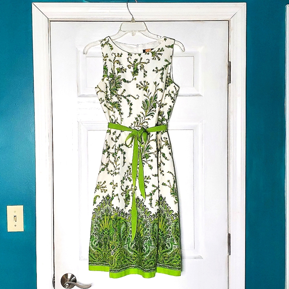 Vintage Positive Attitude A- line, sleeveless green & white floral dress, size 6
